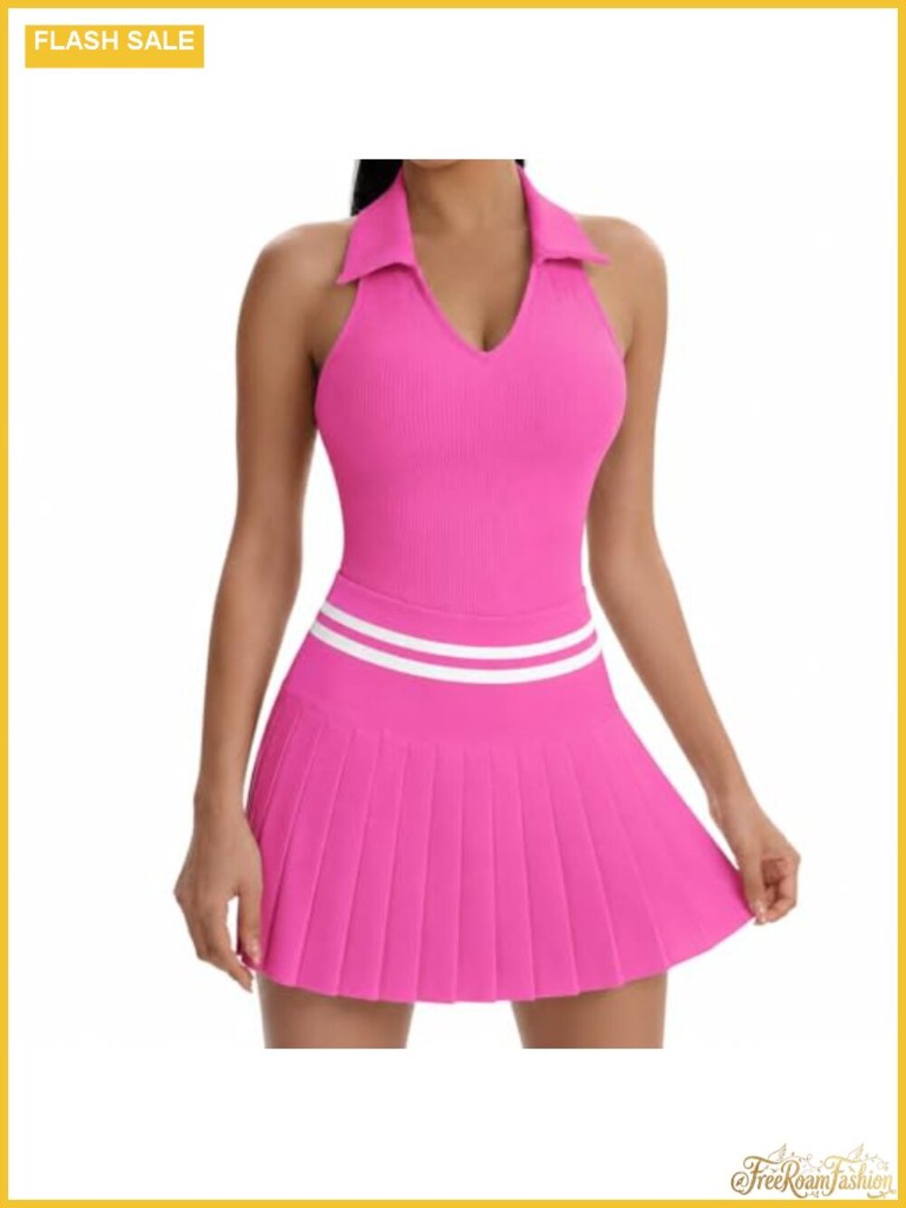 Womens Tennis Dress Set Sleeveless Ribbed Top Pleated Skirt Built-in Shorts
